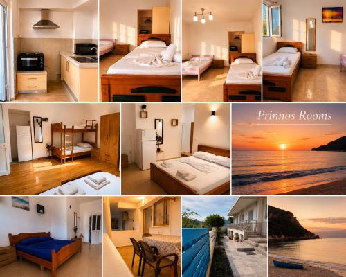 a collage of photos of different rooms with beds at Prinnos Rooms Himare in Himare