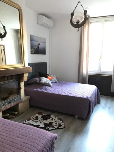 a bedroom with two beds and a mirror and a fireplace at Les 2 Alpes in Puget-Théniers