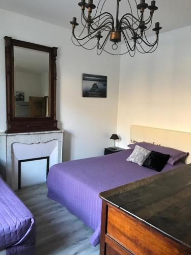 a bedroom with a purple bed and a mirror at Les 2 Alpes in Puget-Théniers