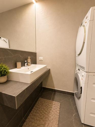 a bathroom with a sink and a washing machine at Zen studio near Mall Moldova in Iaşi