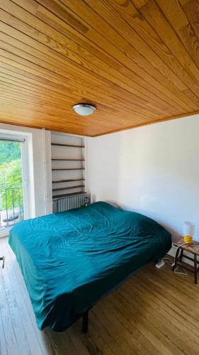 a bed in a room with a wooden ceiling at Gîte du canal in Lutzelbourg