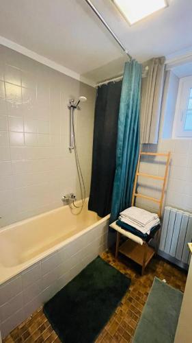 a bathroom with a tub and a chair and a shower at Gîte du canal in Lutzelbourg