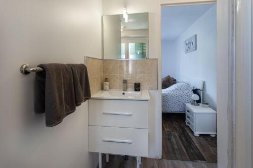 a bathroom with a sink and a mirror at Chambre d'hotes 2 à Bramefort in Champsac