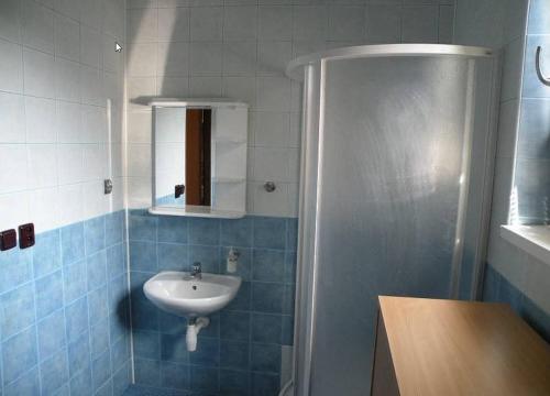 a bathroom with a sink and a mirror at Bungalov pod Lípami in Mladějov