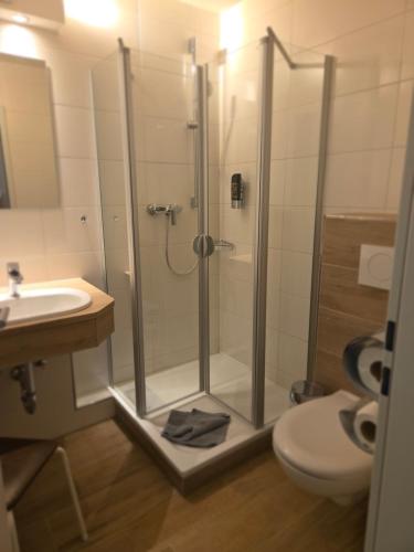 a bathroom with a shower and a sink and a toilet at Hotel Steinbock in Mittelberg
