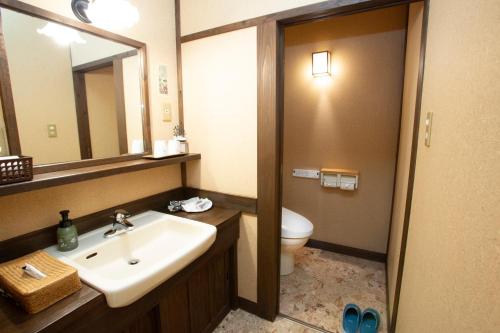 a bathroom with a sink and a toilet and a mirror at お宿玄河 in Minamioguni