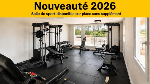 a gym with rows of treadmills and exercise equipment at The Originals City, Hôtel Les Bruyères, Dax Nord in Castets