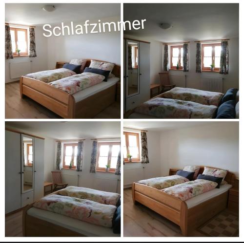 four pictures of a bedroom with two beds and a mirror at Ferienwohnung Landblick Lalling in Lalling
