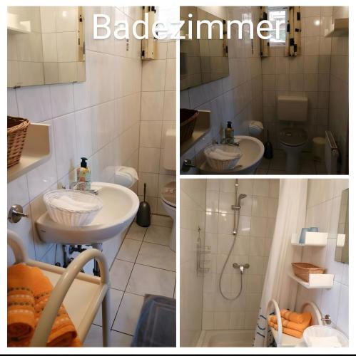 a bathroom with a sink and a shower and a toilet at Ferienwohnung Landblick Lalling in Lalling