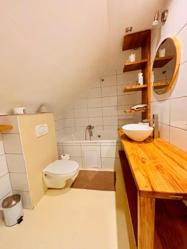 a bathroom with a white toilet and a sink at Apartmán Pura Vida in Zaječí