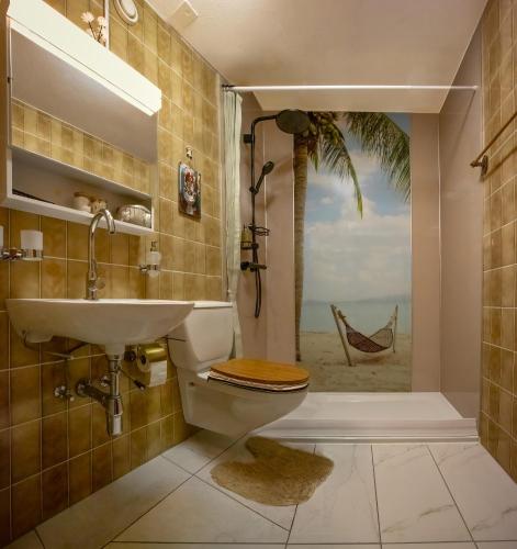 a bathroom with a sink and a toilet and a window at Edelweiss in Charmey