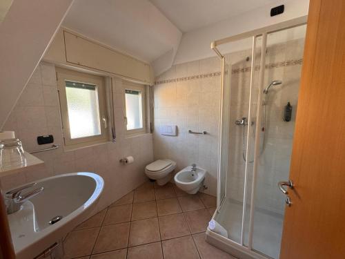 a bathroom with a shower and a sink and a toilet at Albergo Lario in Gera Lario