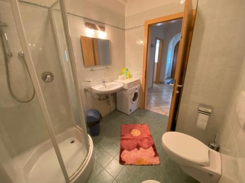 a bathroom with a shower and a toilet and a sink at Saskia Apartments in Ortisei