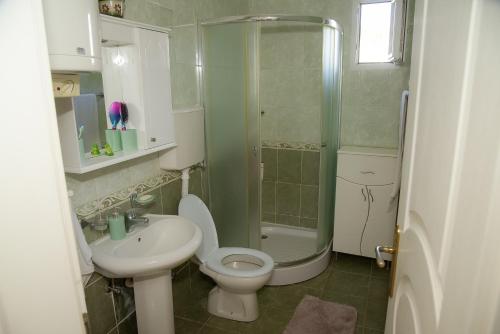 a bathroom with a toilet and a sink and a shower at Aurum Etno & Spa in Smederevo