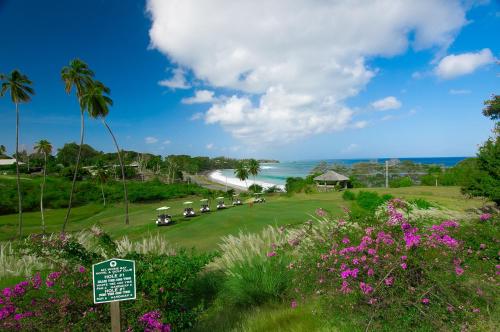 a golf course with flowers and palm trees and the ocean at Mount Irvine Bay Resort in Grafton