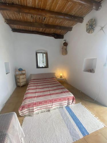 a bedroom with a bed in a room with wooden ceilings at Evnomia Cycladic Home from 1912 in Mélanes