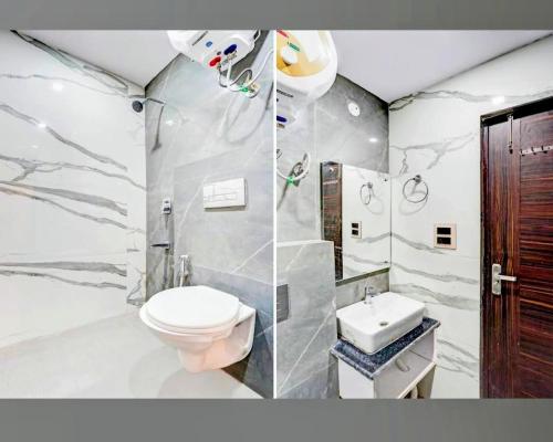 two pictures of a bathroom with a toilet and a sink at Ganges Pride Hotel in Haridwār