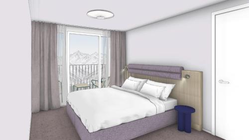 a bedroom with a bed and a large window at Plavna Serviced Apartments in Scuol