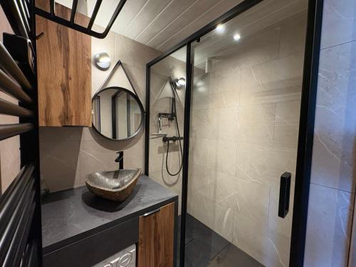 a bathroom with a sink and a shower at Flocons 48 in Villarembert