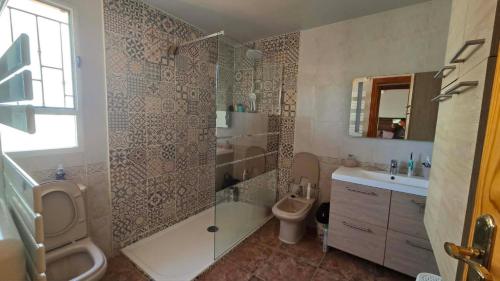 a bathroom with a shower and a toilet and a sink at Casa de Cope in Calabardina