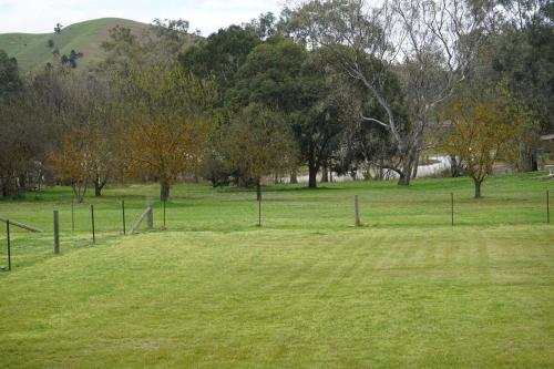 a field of grass with trees and a fence at Mudita at Bonnie Doon in Bonnie Doon