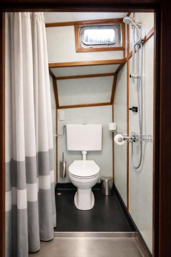 a bathroom with a toilet and a window at Zeilschip de Alliantie Kampen in Kampen