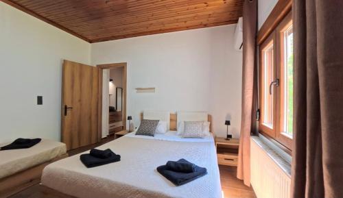 two beds in a room with two windows at Villa del Vino in Mikrós Prínos