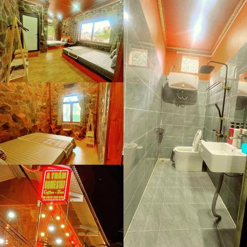 a collage of three pictures of a room with a bathroom at A THÁM homestay in Dam Thuy