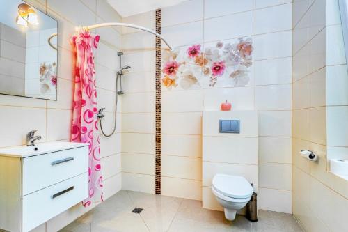 a bathroom with a toilet and a shower at Pokoje JANTARUS in Jantar