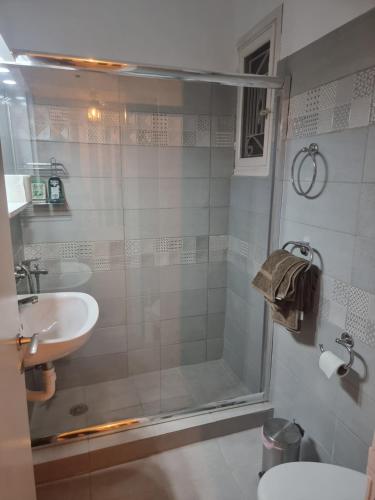 a bathroom with a shower and a sink at Andros house in Andros