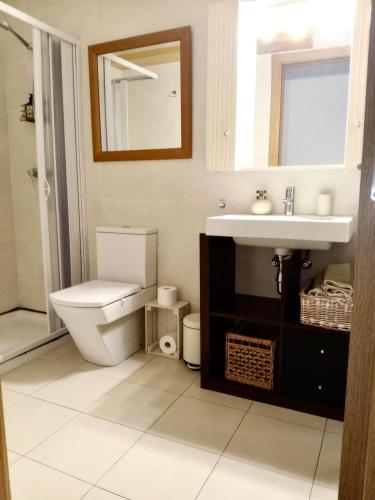 a bathroom with a toilet and a sink and a mirror at RiverSide in Barakaldo