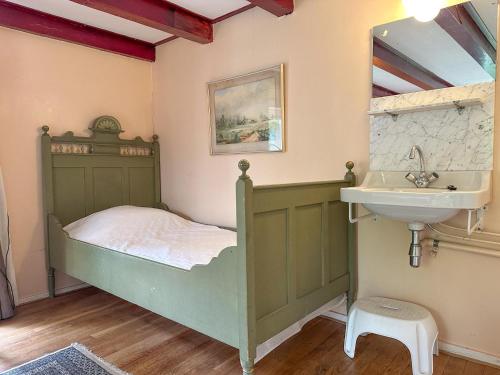 a bedroom with a green bed and a sink at Platschorre in Oudelande