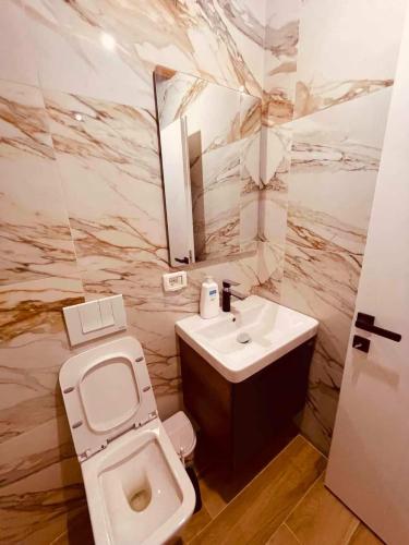 a bathroom with a white toilet and a sink at Shegani House in Lin