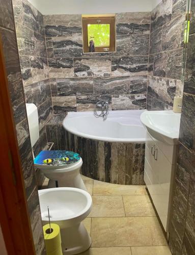 a bathroom with a tub and a toilet and a sink at BLTN House in Balatonalmádi