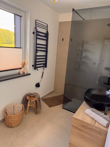 a bathroom with a glass shower and a sink at LOFT 21 Rhön in Hofbieber