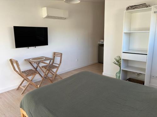 a bedroom with a bed and a table and a tv at Studio cosy avec accès jardin in Lunel-Viel