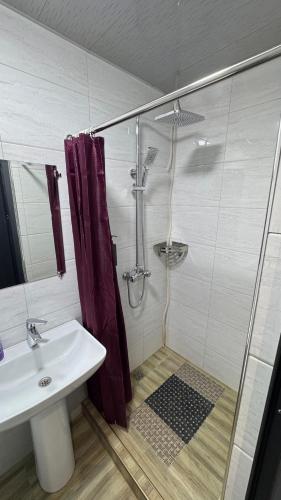 a bathroom with a sink and a shower with a shower curtain at Generator Tashkent Hostel in Tashkent