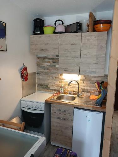 a small kitchen with a sink and a stove at Studio rez de jardin Praloup in Uvernet