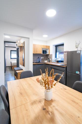 a kitchen and dining room with a wooden table at Vila Trta in Moravske-Toplice