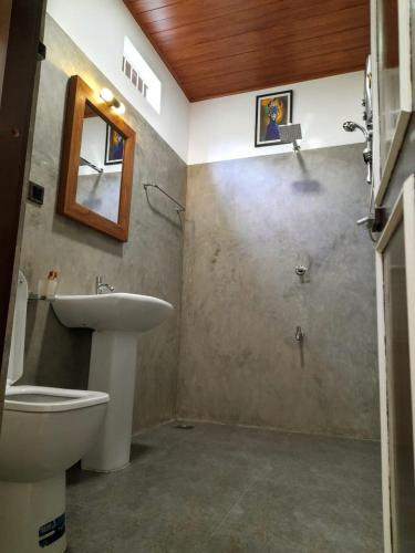a bathroom with a sink and a toilet and a mirror at Knuckles Breeze Villas Kandy in Kandy