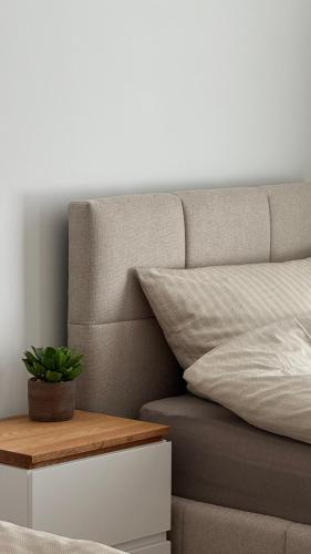 a bed with a plant on a table next to it at VE Apartments Colbitz in Kolbitz