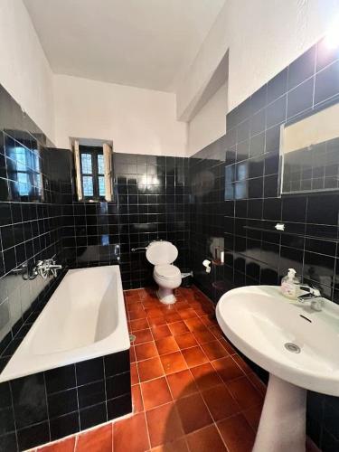 a bathroom with a tub and a toilet and a sink at Artistic Villa Aqua Ios in Ios Chora