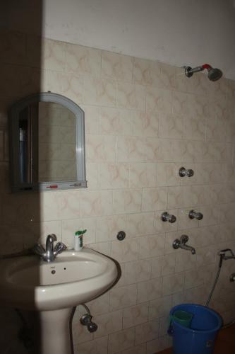a bathroom with a sink and a mirror and a shower at Hotel reegyal in Ravangla