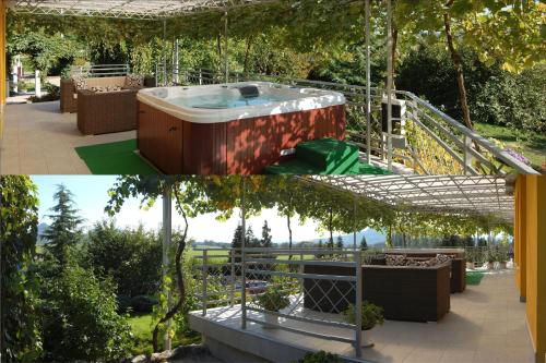 two pictures of a hot tub in a garden at Judit Panzio in Gyulakeszi