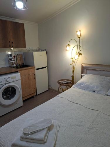 a bedroom with a bed and a kitchen with a washing machine at Shorena apartments in Tbilisi City
