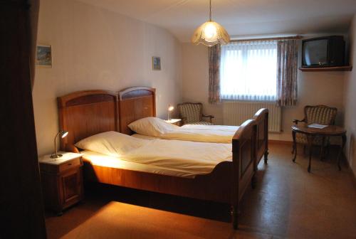 a bedroom with a large bed and a television at Gasthof Zur Linde in Diemelsee