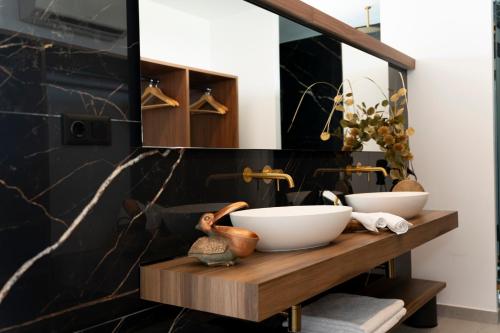 a bathroom with two white bowls on a wooden shelf at Luxury Experience Suites in Toledo