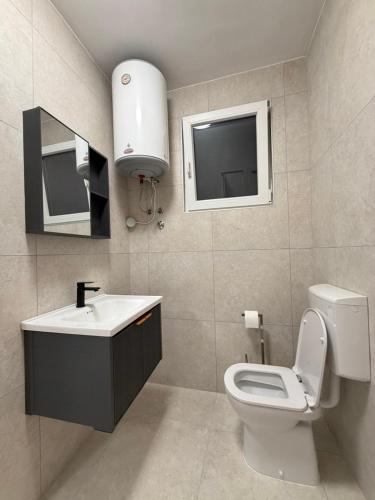 a bathroom with a toilet and a sink and a mirror at Apartments Lory in Rabac