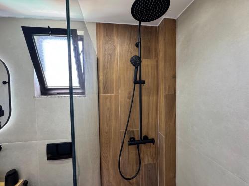 a shower in a bathroom with a glass door at Infinity Suites Pushi in Ksamil