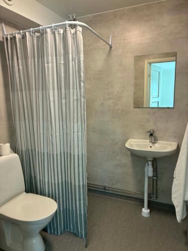 a bathroom with a shower curtain and a sink at Tofta Strand Bed & Breakfast Dubbelrum 93 in Visby
